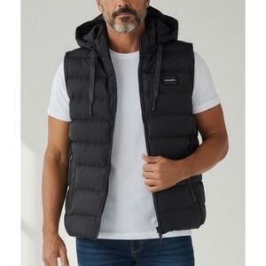 Zhang Hao Mens Black Puffer Vest Detachable Hood Faux Fur Lined Size 2XL